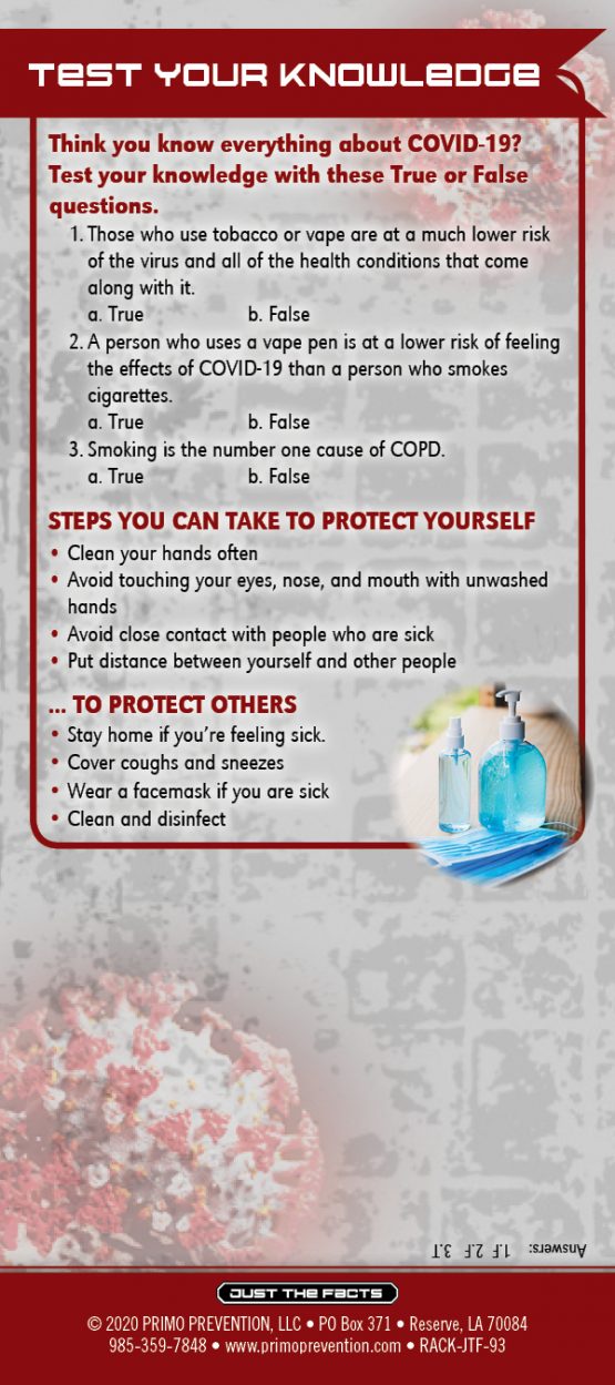 Just the Facts Rack Card COVID19 and Smoking & Vaping Primo Prevention